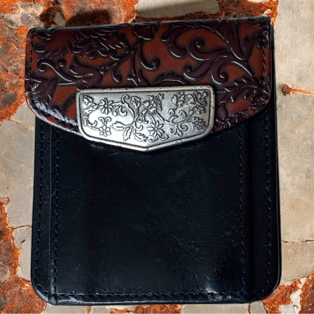 Brighton Vintage black/brown leather bi-fold wallet ornate western metal clasp